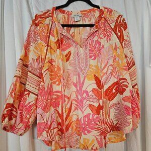Haute Hippie Women's L Large Pink Floral Tropical Embroidered Boho Peasant Top